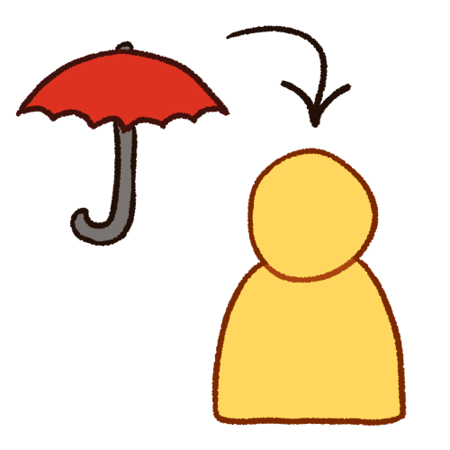 a drawing of an emoji yellow person. to their left is a red umbrella, with a black arrow pointing from the umbrella to the person.